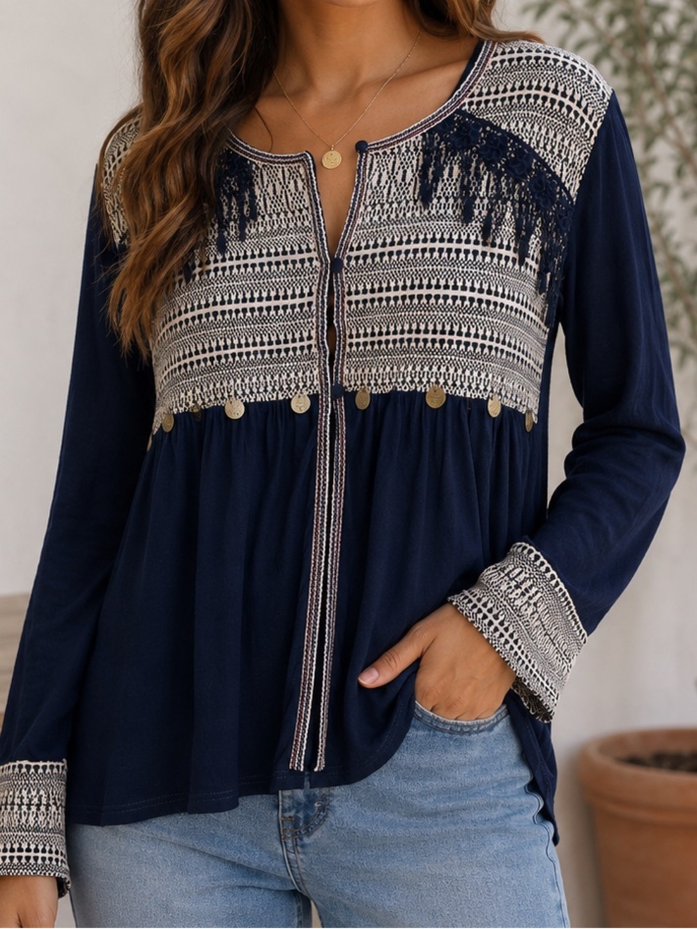 navy embroidered Boho top